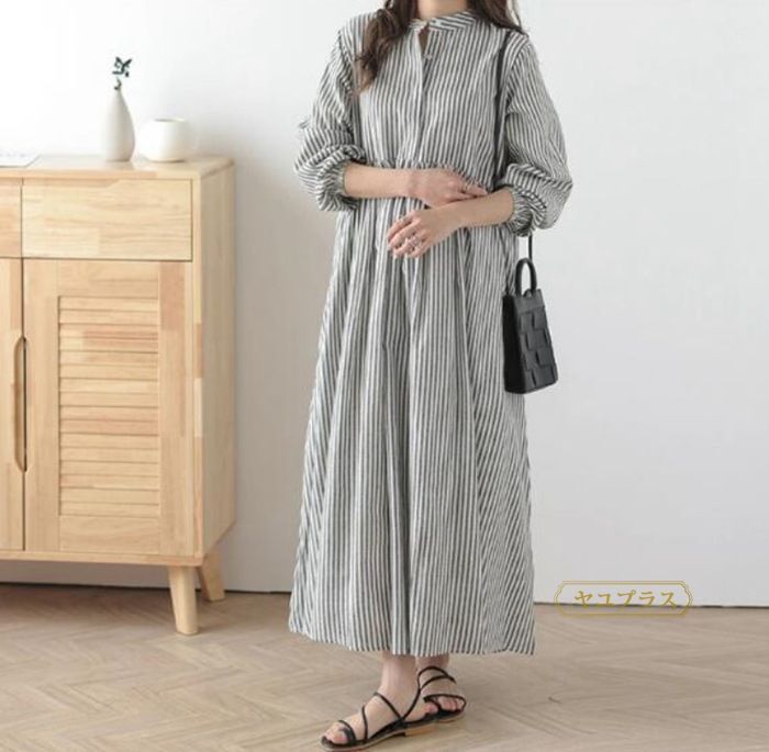 シャツワンピース レディース 春 長袖 ロング シャツワンピ ロングワンピース スタンドカラー チェック柄 ストライプ hs-ed-01312.jpg