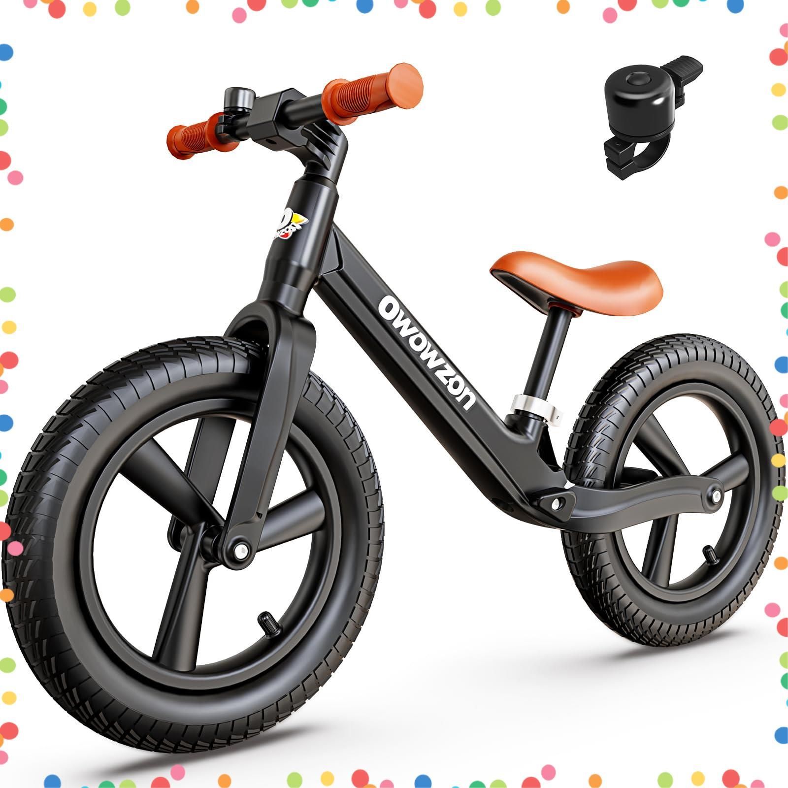 O WOWZON ペダルなし 自転車 光るゴムタイャ 14インチ キックバイク 軽量＆調整 シート ハンドルバー 乗り物 お祝いクリスマス 誕生日 プレゼント 子供 男の子 女の子 プレゼント 幼児 子どもの日 誕生日 ES77 black