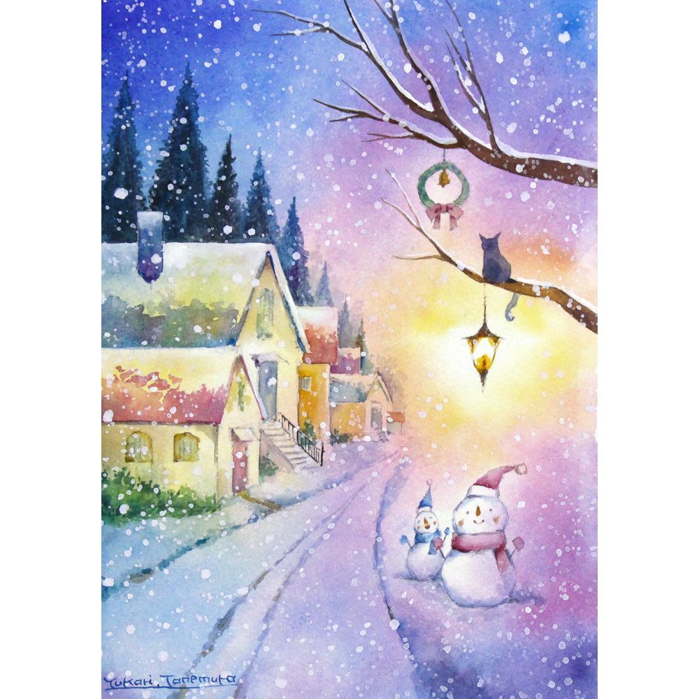 RUKURUKUさま 原画 綿雪が舞う夜 SMサイズ 水彩画 2748