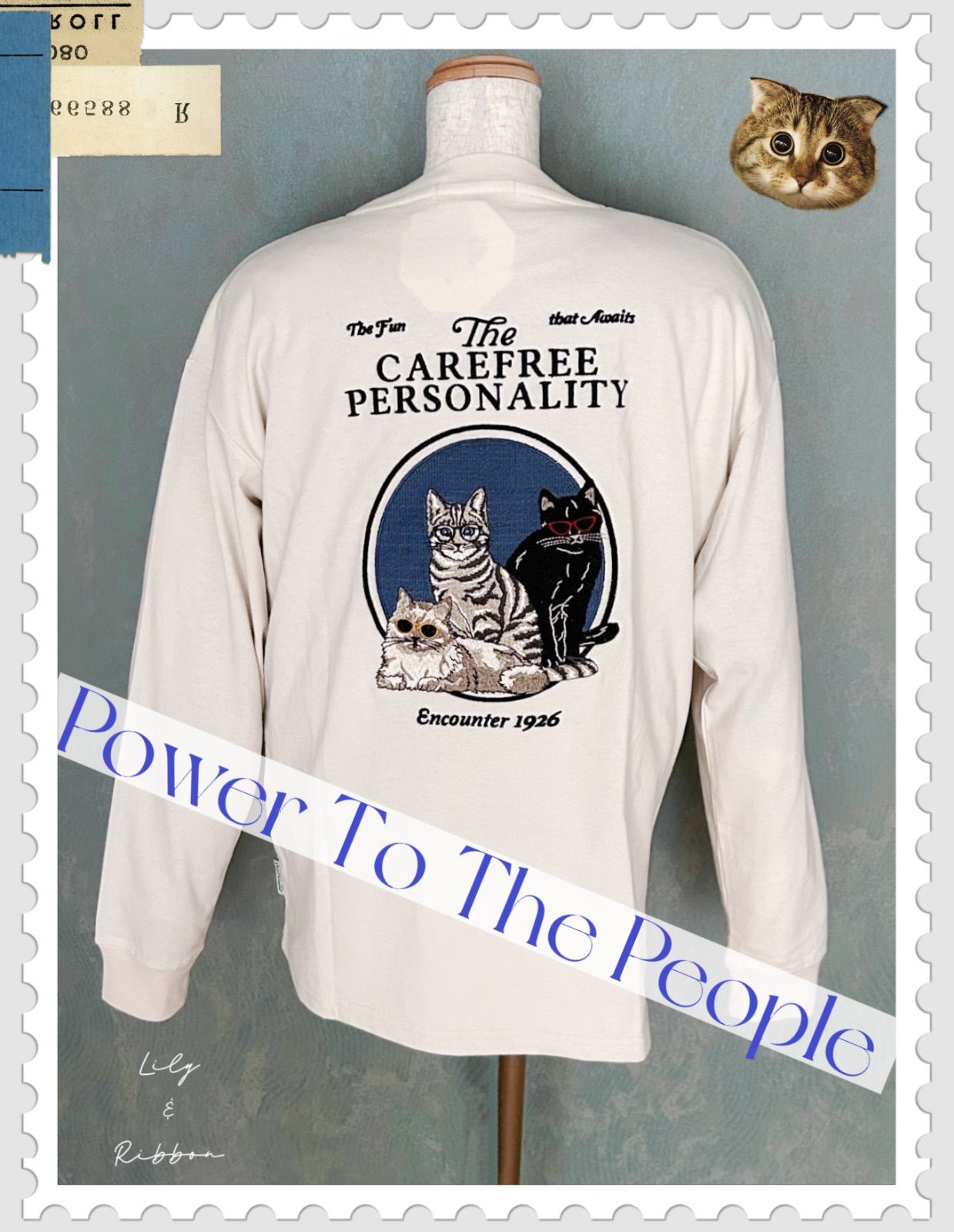 119. 新品タグ付きPower To The People パワートゥザピープル ワンポイントロゴプリントu0026バックBIGイラスト 刺繍デザイン ロングスリーブTシャツ CAT オフホワイト メンズ M 刺繍Tシャツ ロンT 猫