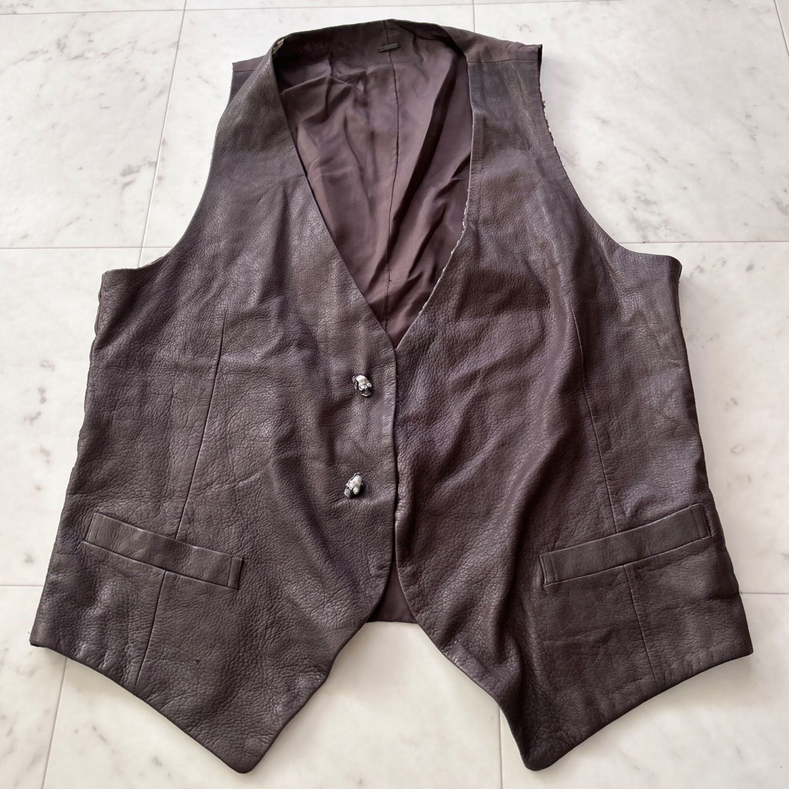 FranCisT_MOR.K.S フランシストモークス スカルボタン ディアスキン 鹿革 レザーベスト ジレ リバーシブル レオパード サイズ4