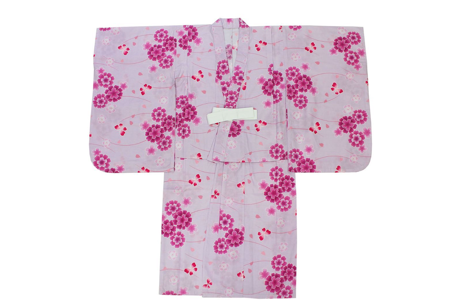 ここち子供浴衣 (120) 手縫い 薄藤色地 花/蝶柄 お子様用 女の子 浴衣 ゆかた 仕立て上がり　13107