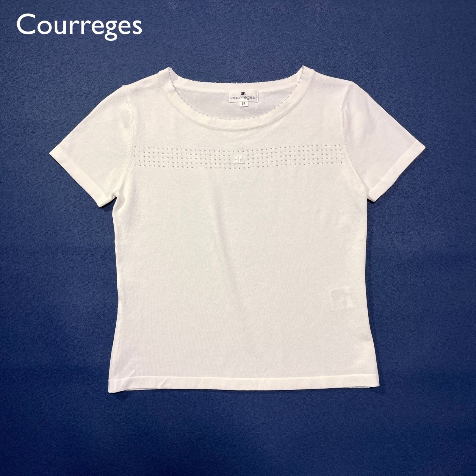 cg64 Courreges ビジュー ロゴ刺繍半袖セーター ニット ビーズ