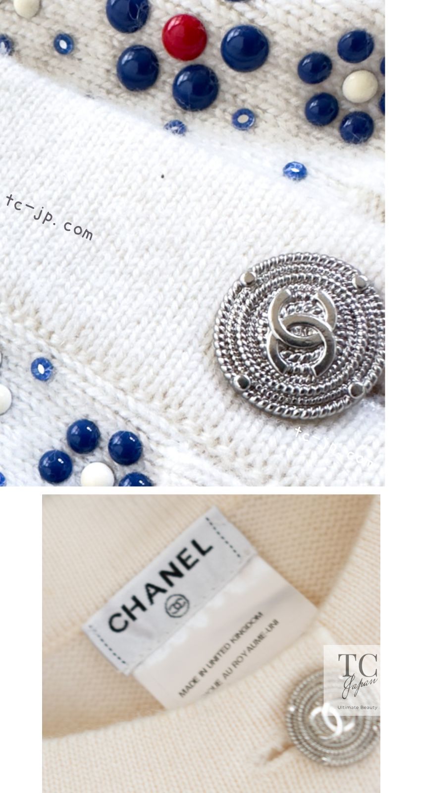 シャネル カーディガン トップス セーター２セット CHANEL アイボリー きらきら宝石 スワロフスキー カシミア100% ニット 34 超美品 カール CHANEL - シャネル カーディガン トップス セーター2セット