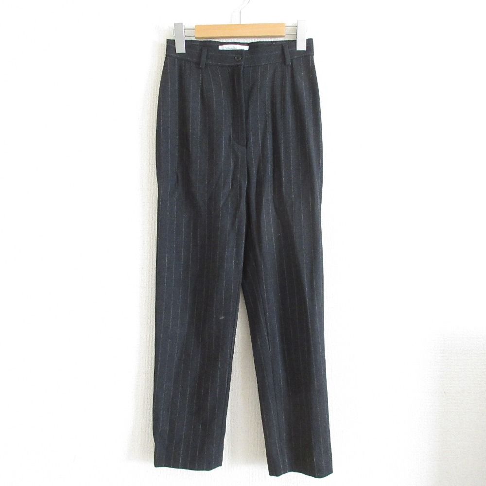 美品 Max Mara マックスマーラ ストライプ柄 ストレッチ ハイウエスト ウールパンツ スラックス 36 ダークグレー レディース 古着 中古 USED