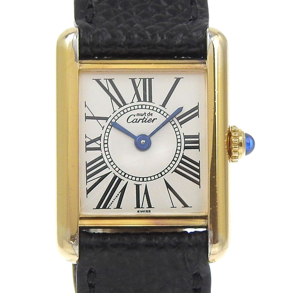 CARTIER カルティエ マストタンクSM ヴェルメイユ cal.057 シルバー925×レザー ゴールド クオーツ アナログ表示 レディース 白文字盤 腕時計