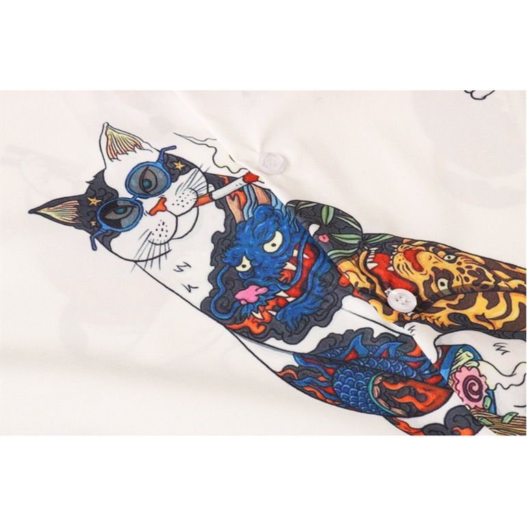 刺青猫柄 和柄アロハシャツ タバコ ラーメン猫 カラフル 個性的 総柄 ねこ