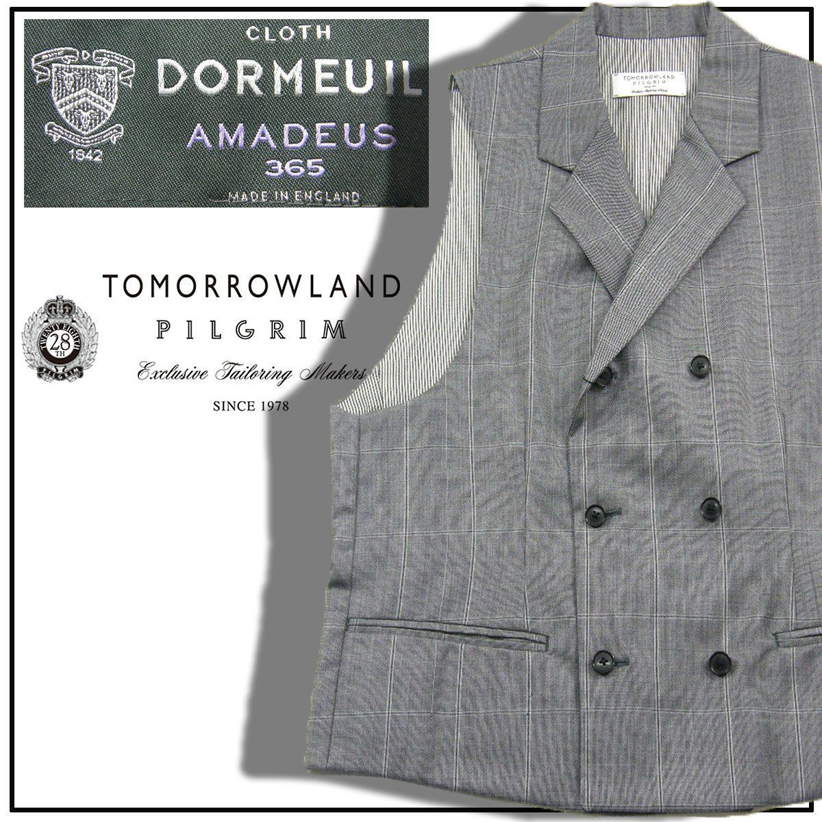 【新品】 DORMEUIL × TOMORROWLAND PILGRIM / ドーメル × トゥモローランド ピルグリムAMADEUS 365 アマデウス ベスト ダブルブレスト 最高級 ウール 軽量 グレー 黒 ブラック オールシーズン