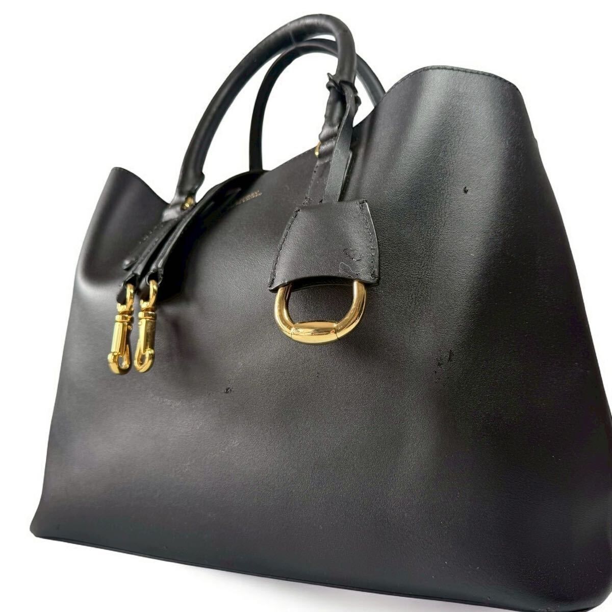 美品　ラルフローレン　レザー　ショルダーA4トートバッグ　黒　2way 153 美品 ラルフローレン レザー ショルダーA4トートバッグ 黒 2way