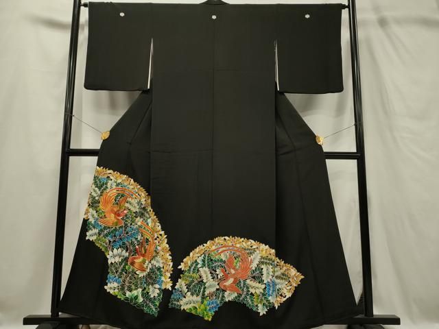 平和屋着物□豪華黒留袖 駒刺繍 檜扇花文 金彩 正絹 逸品