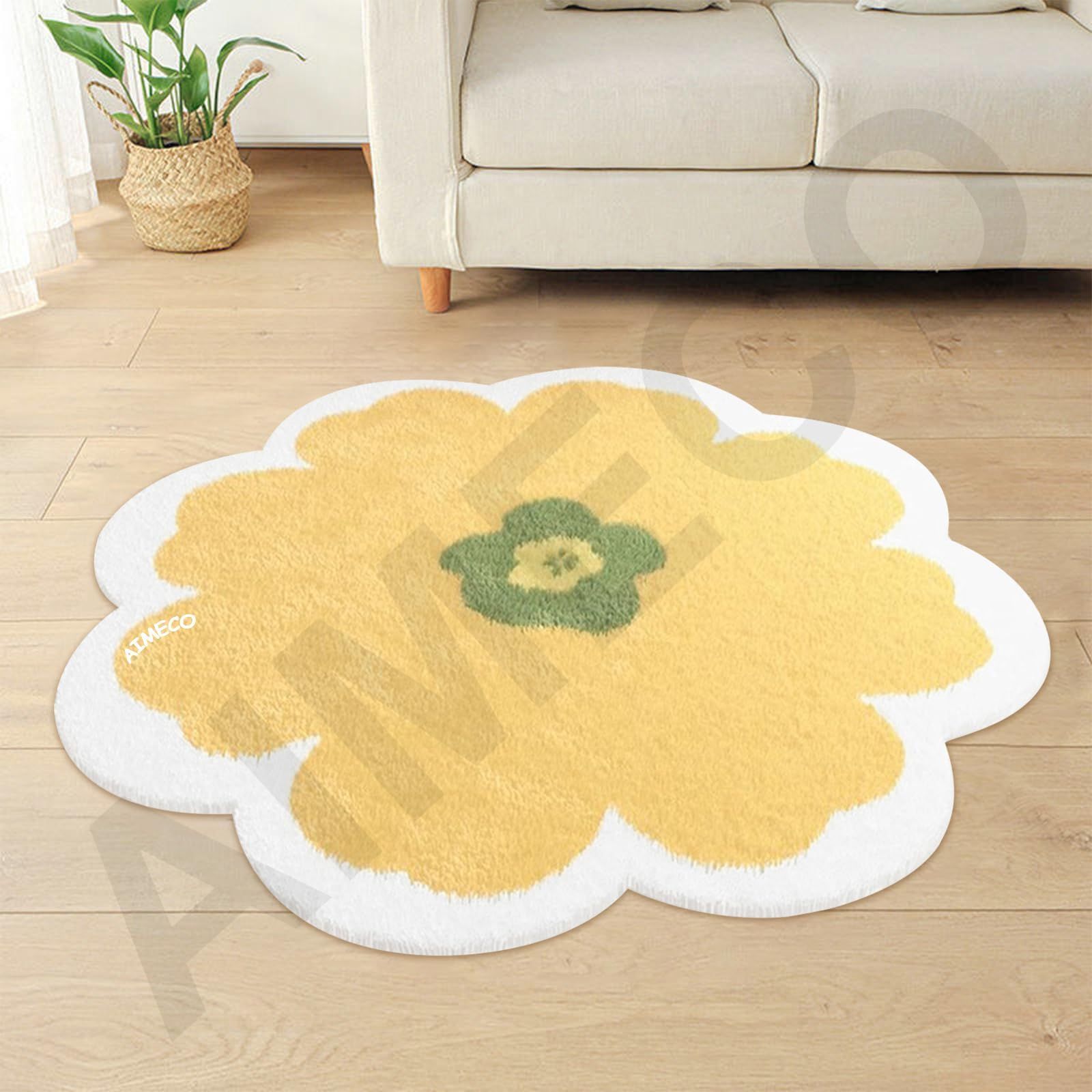 新品 円形 ラグ カーペット AIMECO 絨毯 可愛 い 洗えるラグマット じゅうたん 花の形チ毯 子供部屋 ラグ 小さめ 丸形 短い起毛 滑り止め付 抗菌 防臭 和風 玄関マット 地毯 （Yellow，160cm）