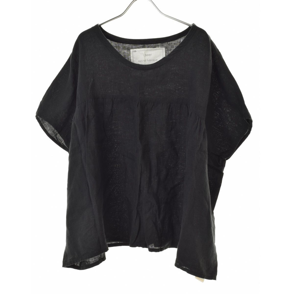 CHEER】ボートネックリネンギャザーワイド プルオーバー五分袖ブラウス  
