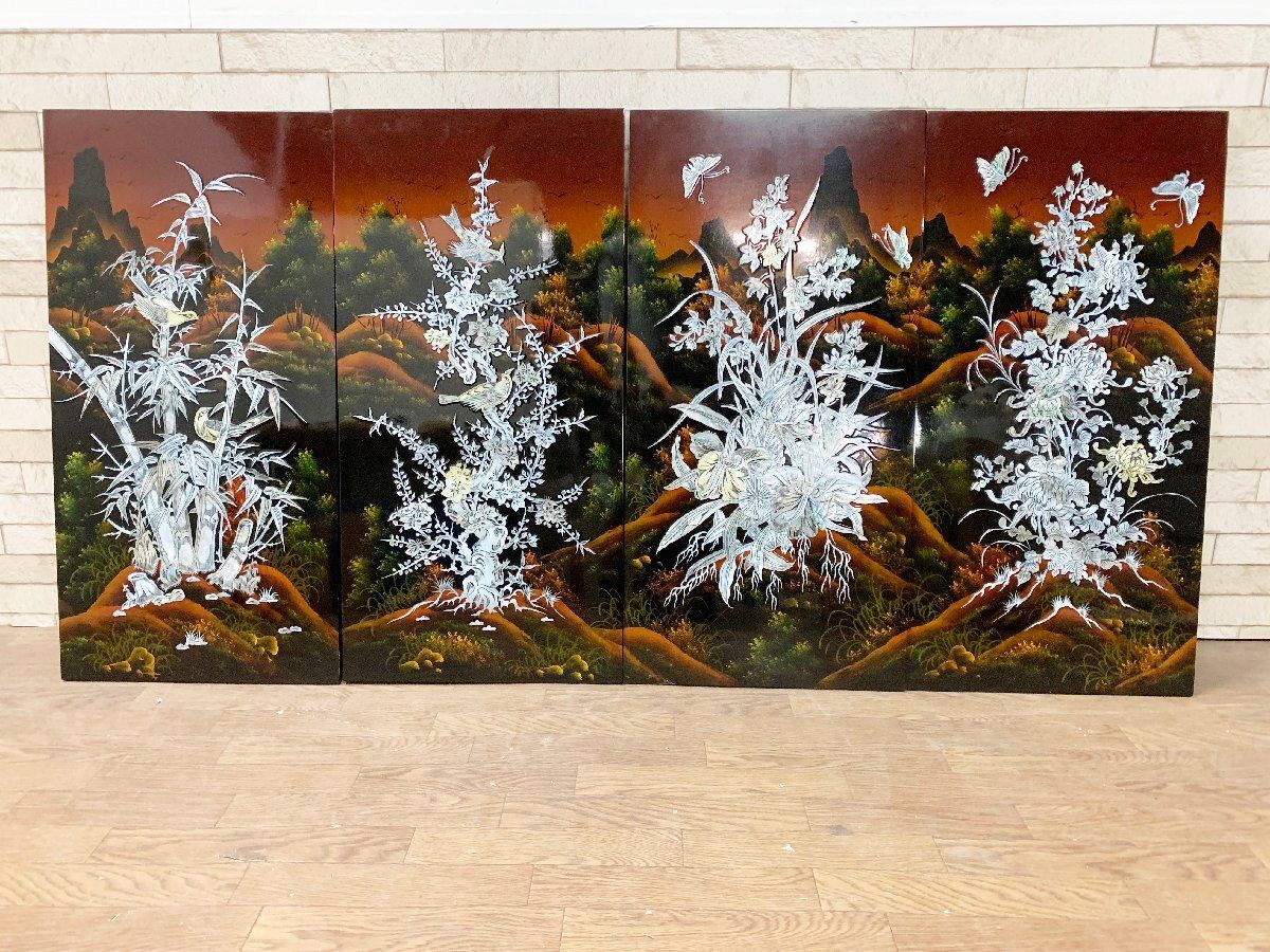 壁掛けパネルアート ４枚組 螺鈿細工 竹 花 鳥 蝶 山水風 壁飾り アジアンインテリア 装飾品 畑1111