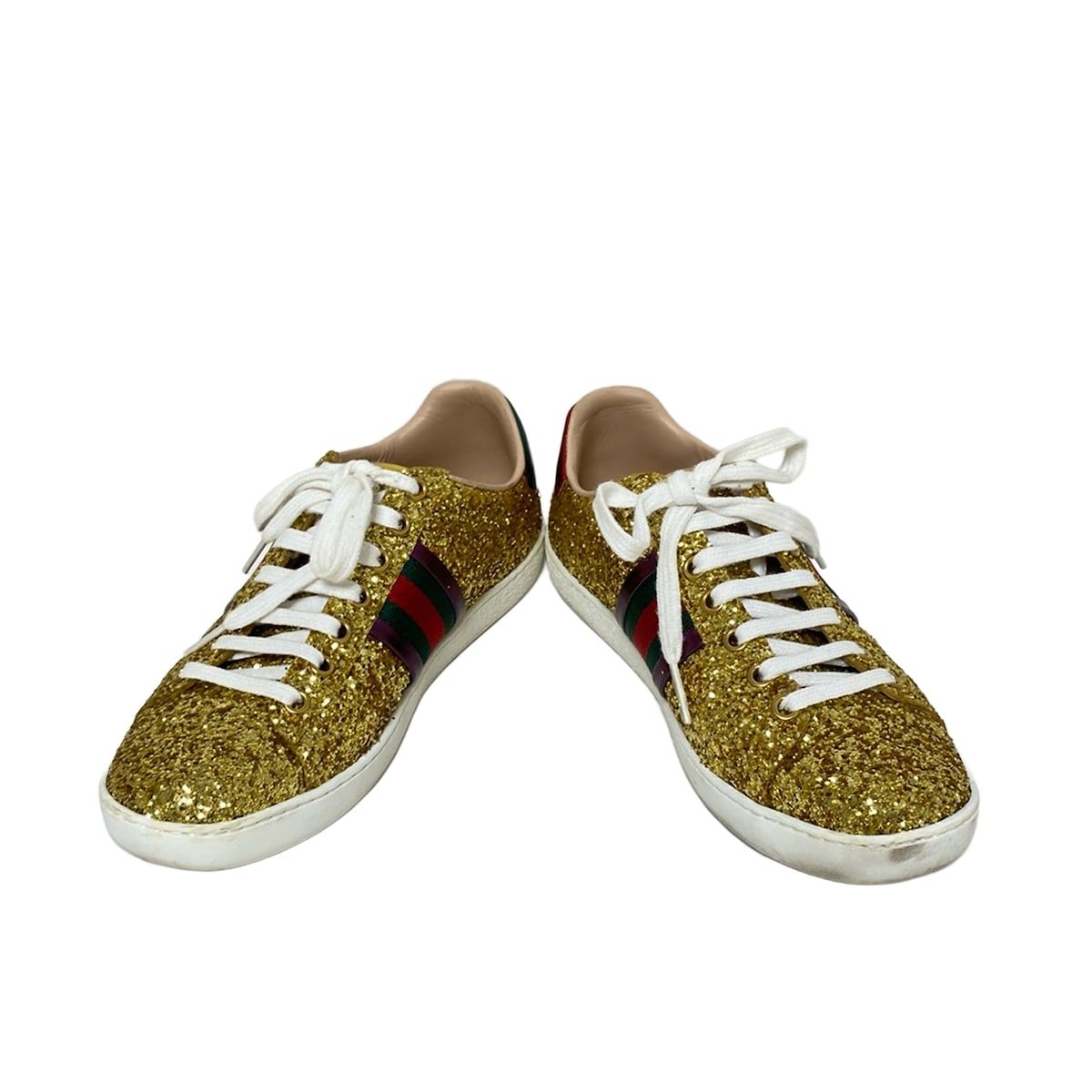 GUCCI グッチ スニーカー 36 レディース シェリー 475610 ゴールド×ダークグリーン×マルチ シェリー ウェブ レザー