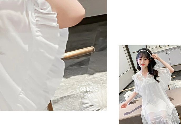 ネグリジェ キッズ パジャマ 子供パジャマ 半袖 モダール レース 女の子 夏 ロング丈 ルームウェア ワンピース パジャマ 部屋着 かわいい