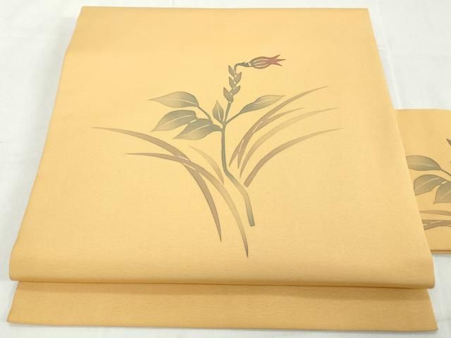 塩瀬 九寸名古屋帯 作家物 草花文 正絹 名古屋帯 正絹 塩瀬 手描きの