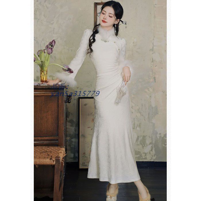 ファー使い チャイナドレス風長袖ロングタイトドレスワンピース 白 おしゃれ きれいめ パーティー レディース 韓国 yan5a315779