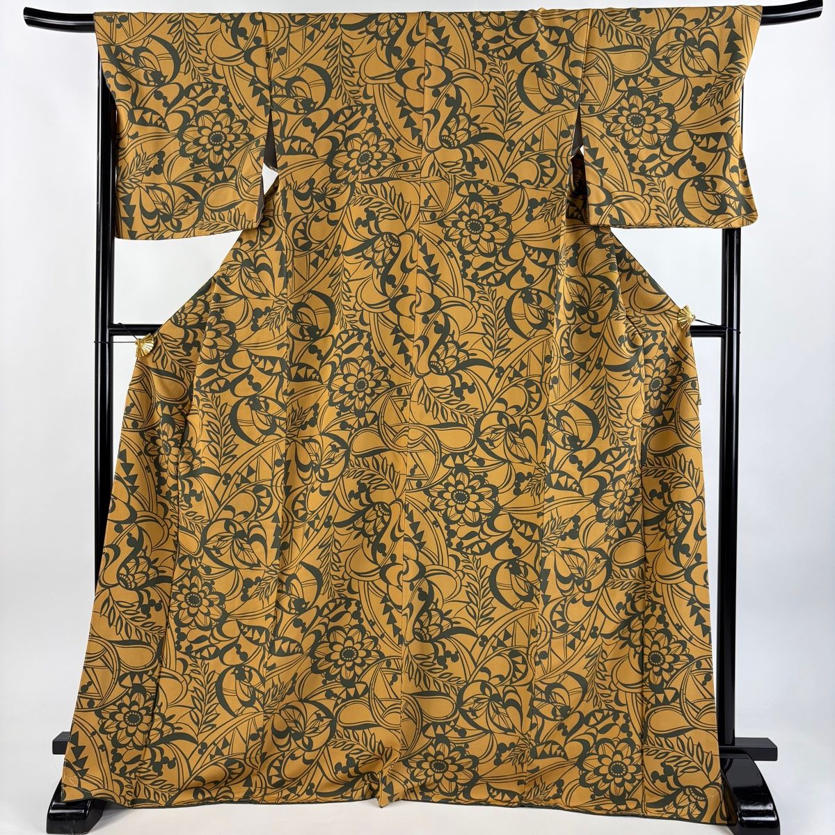 小紋 身丈171.5cm 裄丈69cm L 袷 草花 黄土色 正絹 秀品