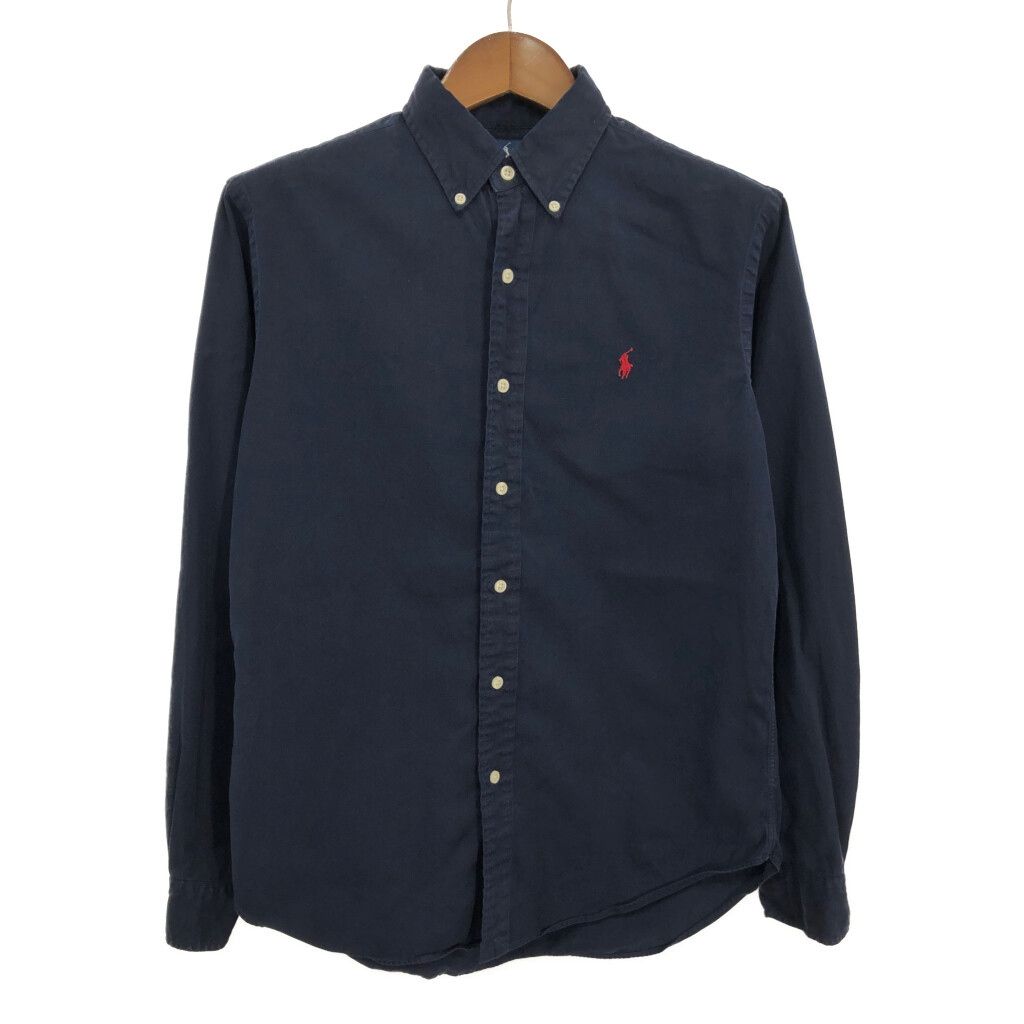 RALPH LAUREN ラルフローレン シルク混 ボタンダウン 長袖シャツ ワンポイントロゴ ネイビー (メンズ M) 中古 古着 S1086
