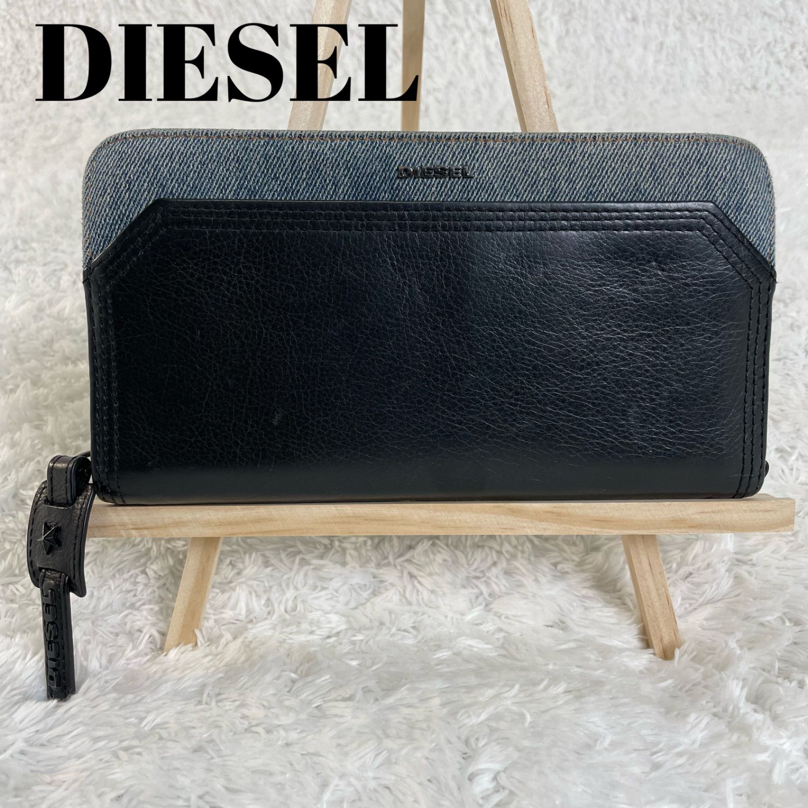 DIESEL ディーゼル 長財布 ラウンドファスナー デニム レザー 黒