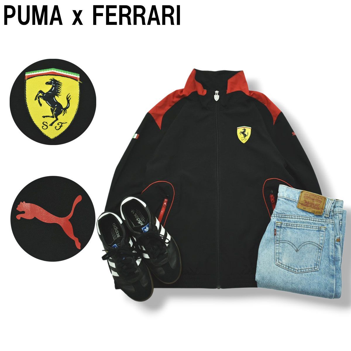 コラボアイテム プーマ x フェラーリ PUMA x FERRARI ウィンド ジャケット 裏地 メッシュ 跳ね馬 ロゴ S ブラック x レッド モーター スポーツ カジュアル ウェア ジャンパー メンズ