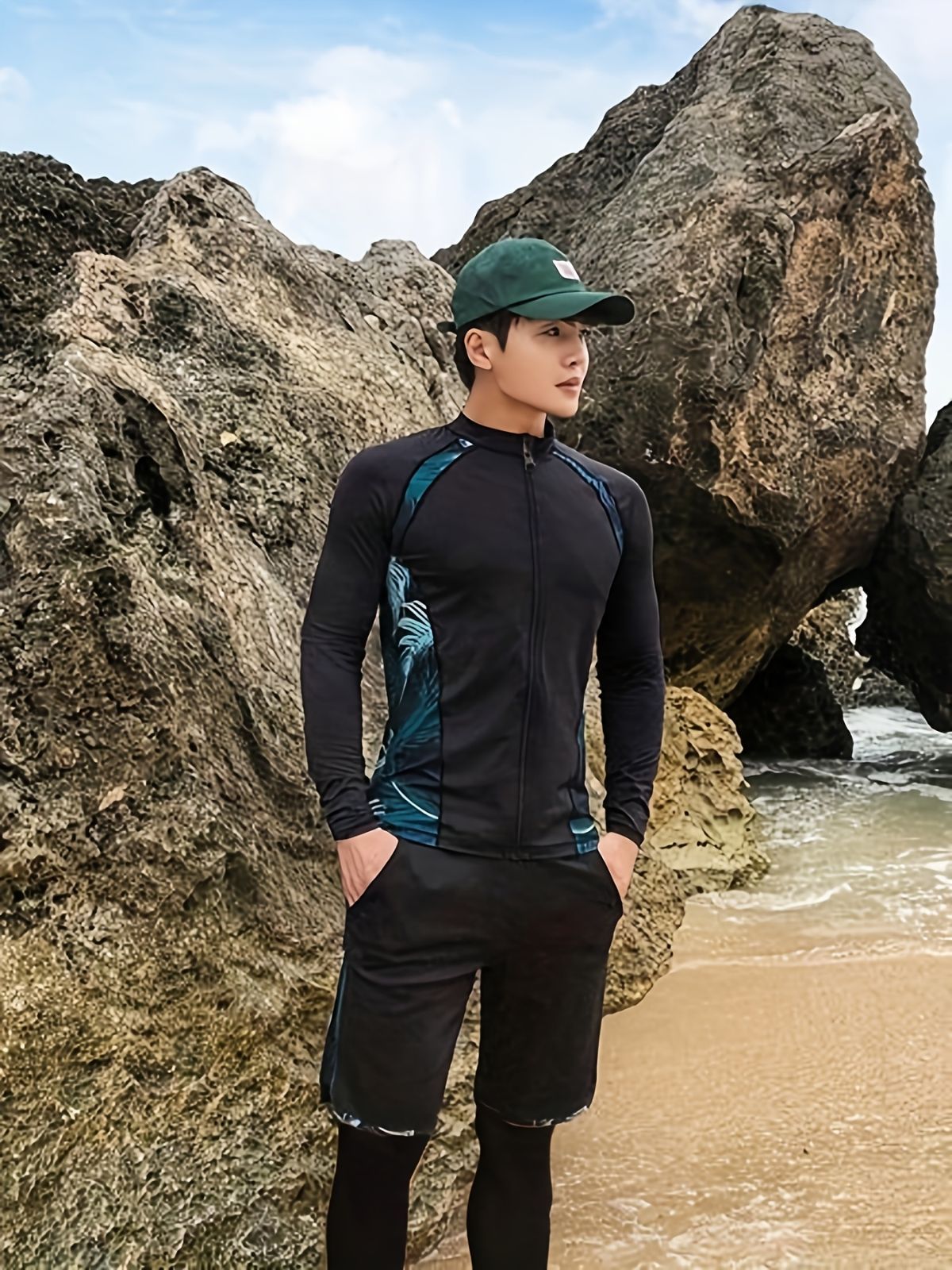 ラッシュガード メンズ 長袖 日焼け止め スイムスーツセット ジッパー ビーチ サーフィン 速乾素材 高伸縮性 クルーネック スキニフィット 植物柄付き メンズ水着 セット販売 メンズファッション おしゃれ 韓国ファッション ブラック