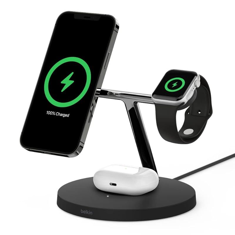 VGP 2025受賞 Belkin 3 in 1 MagSafe充電器 最大15W高速充電 ワイヤレス充電器 MagSafe公式認証 iPhone 15 | 14 | 13 | 12 | Apple Watch | AirPods 対応 ブラック WIZ 0