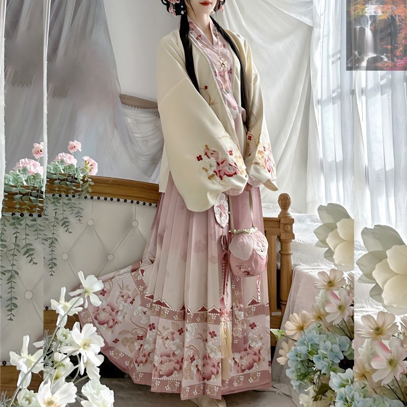 新品未使用 明制対襟交穿刺繍漢服 春夏秋用 馬面裙 吊り帯付き