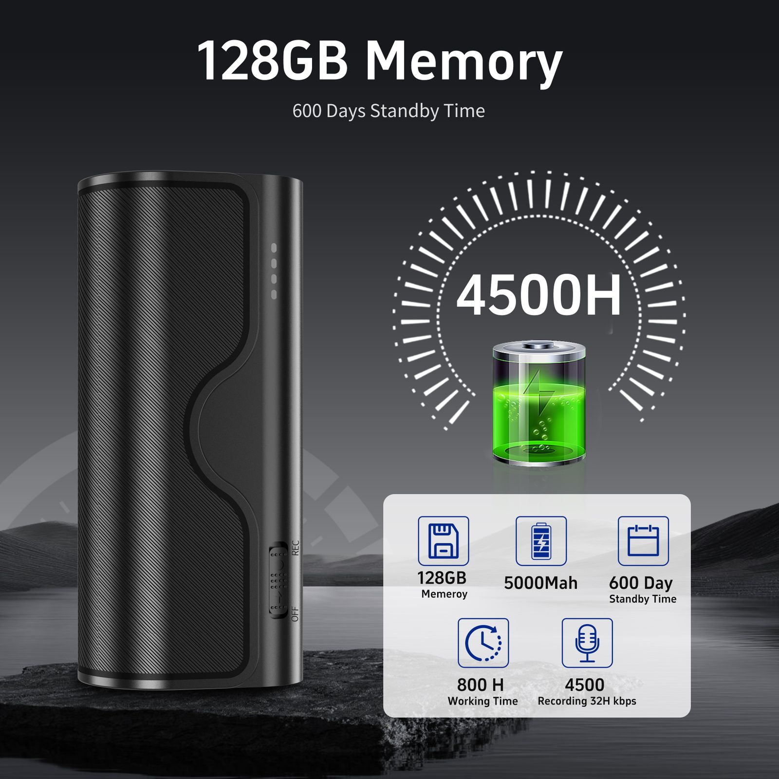 1pc Keenplus デジタルボイスアクティブレコーダー 64GB|128GB Ultra HD サウンド インテリジェントトリプルノイズリダクション ステレオオーディオ バッテリー駆動 充電式 5000mAh 自動保存 ボイスアクティブレコーディング