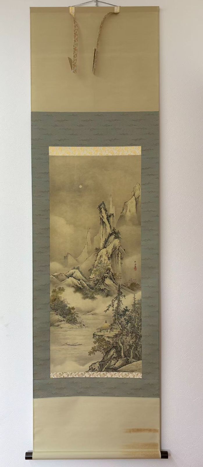 狩野 芳崖筆 月夜山水図 石版画軸装 掛軸 き 落款あり 所藏 山口県立美術館 制作 共同印刷株式会社 200部