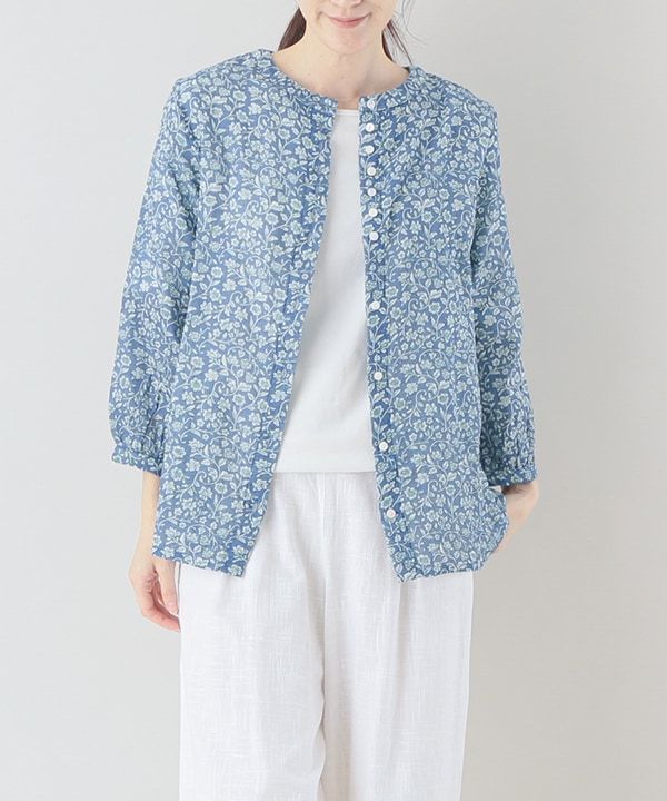 artipur ブラウス レディース 綿 7分袖 春 夏 七分袖 50代 40代 60代 おしゃれ 花柄 ダブルガーゼ 前後2way ブルー