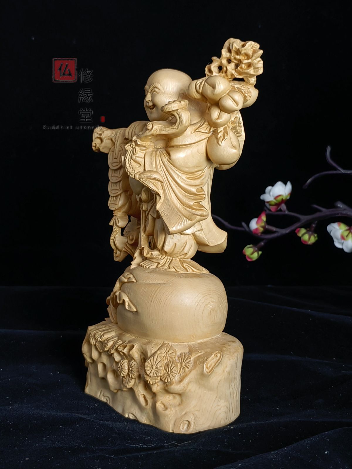 修縁堂】極上品 木彫仏像 七福神 布袋様 彫刻 仏教工芸 柘植材 仏師で