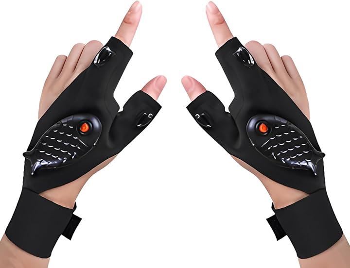 Boono 釣魚 專用 免手持 燈 LED 手電筒手套 電池式手電筒 露營 跑步 便利 雙手套裝 USB 充電式 (黑色, 雙手套裝（USB 充電式）) 的縮圖