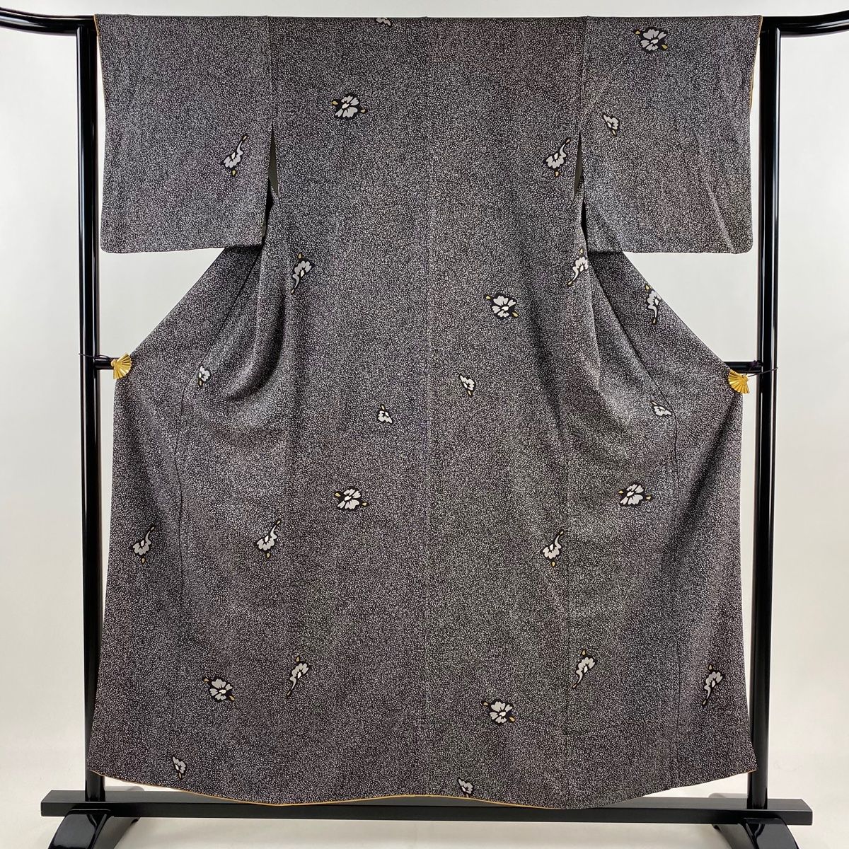 小紋 身丈155.5cm 裄丈62.5cm S 袷 花 幾何学 墨色 正絹 秀品