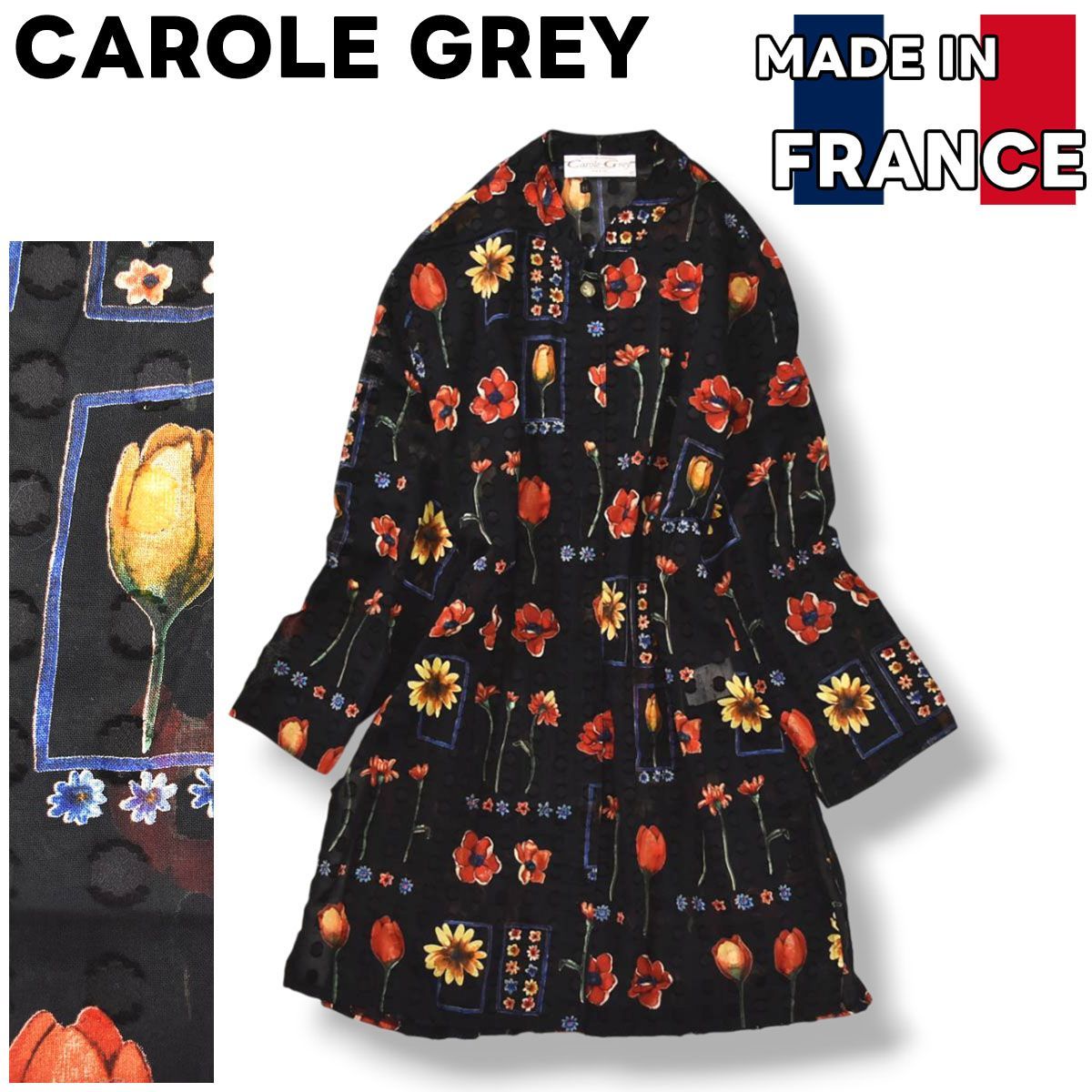 フランス製 キャロルグレイ CAROLE GREY 長袖 ノーカラー シースルー シャツ ブラウス 40 ブラック x 花柄 マルチカラー ガーリー  レディース ♪ 美品】 フランス製 キャロルグレイ CAROLE GREY 長袖 ノーカラー