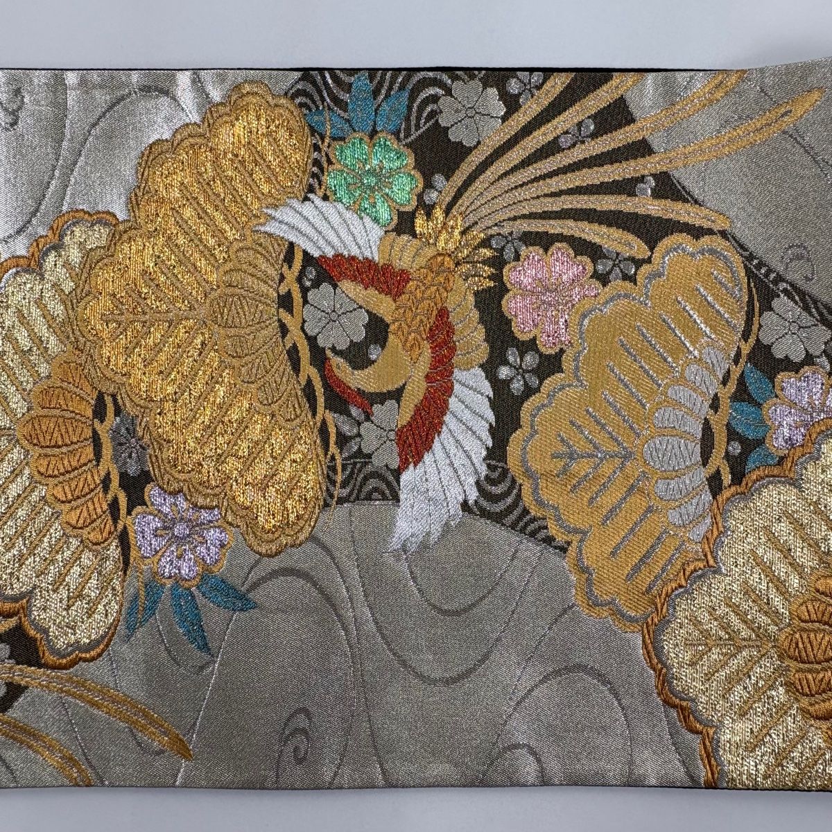袋帯 美品 秀品 松 尾長鳥 箔 金糸 銀色 六通 正絹 【中古