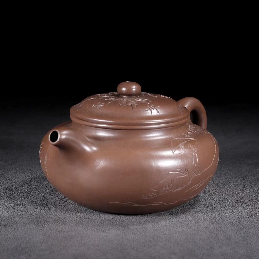 中国骨董品☆友人から贈られた・元鉱泥・紫砂手彫・顧景舟紋・急須