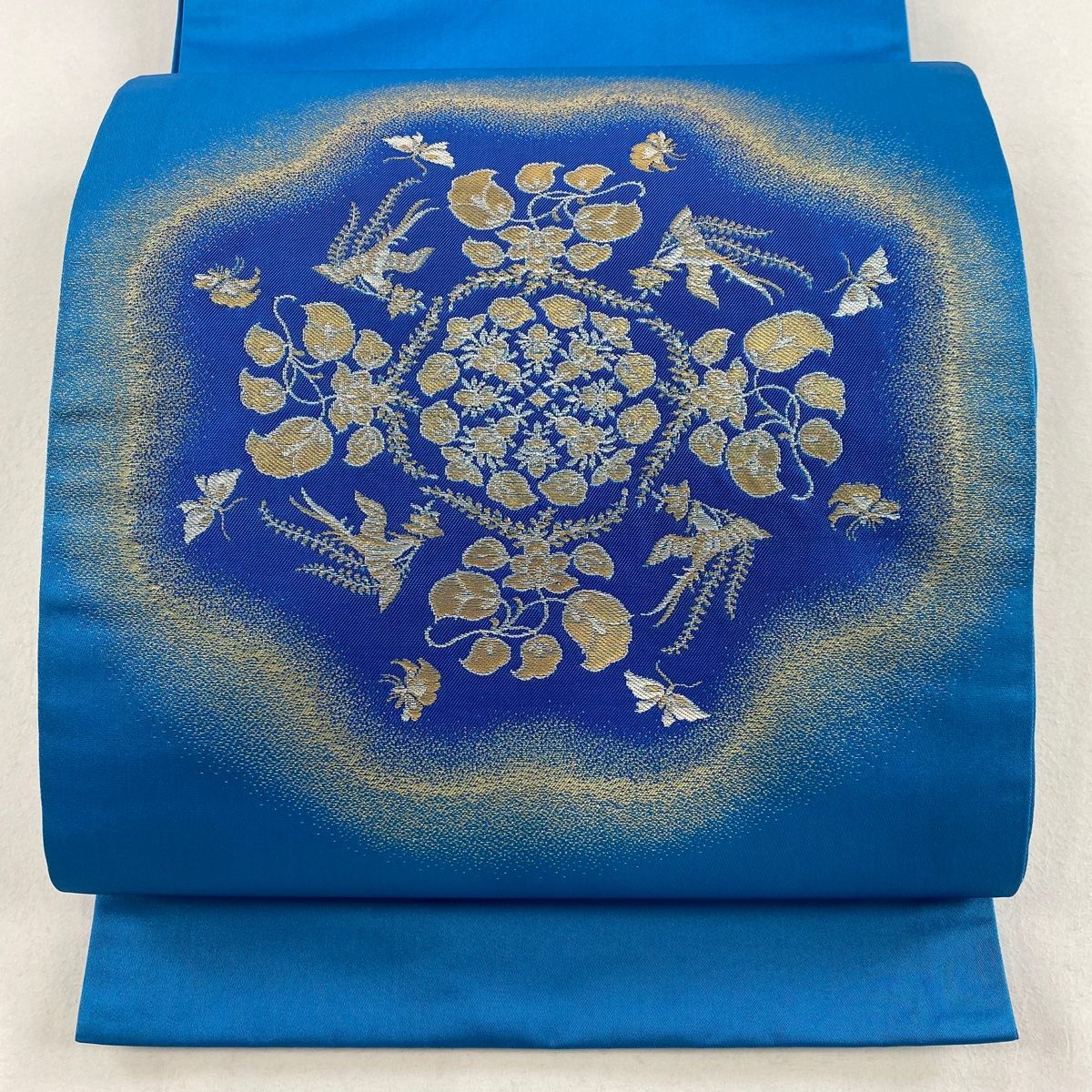 袋帯 逸品 龍村晋 落款 華文 花食い鳥 箔 青 お太鼓柄 正絹