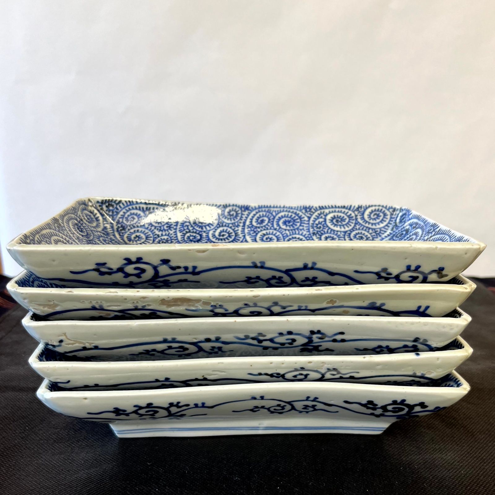 古伊万里 富貴長春 蛸唐草 長皿 11.5cm×20cm 5枚セット 0005