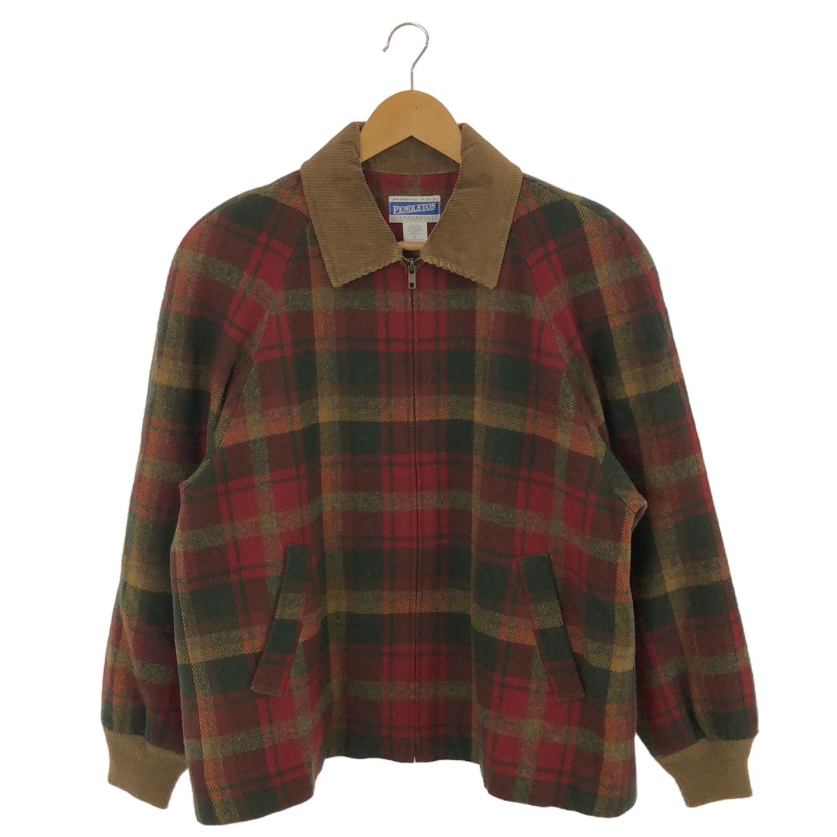 USA製　90's　オールドモデル　PENDLETON　KNOCKABOUT　ペンドルトンノックアバウト　ウールブルゾン　ジャケット　カバーオール　コーデュロイ襟　Mサイズ　チェック柄　レッド/グリーン