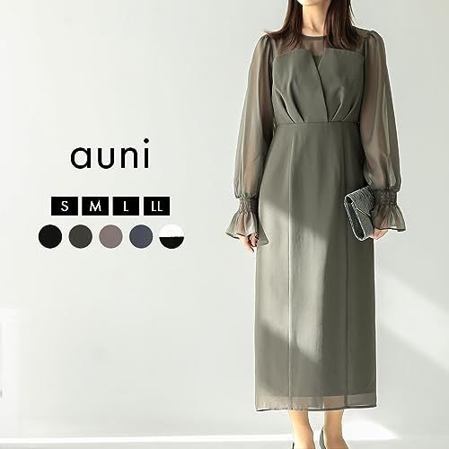 MORE AUNI パーティー ドレス シフォン ポエット スリーブ ロング ワンピース お呼ばれ 結婚式 2次会 春 夏 服 秋 冬 大人 オトナ キレイメ カワイイ ブラック ホルター ネック ワンピ 黒 フ バック リボ