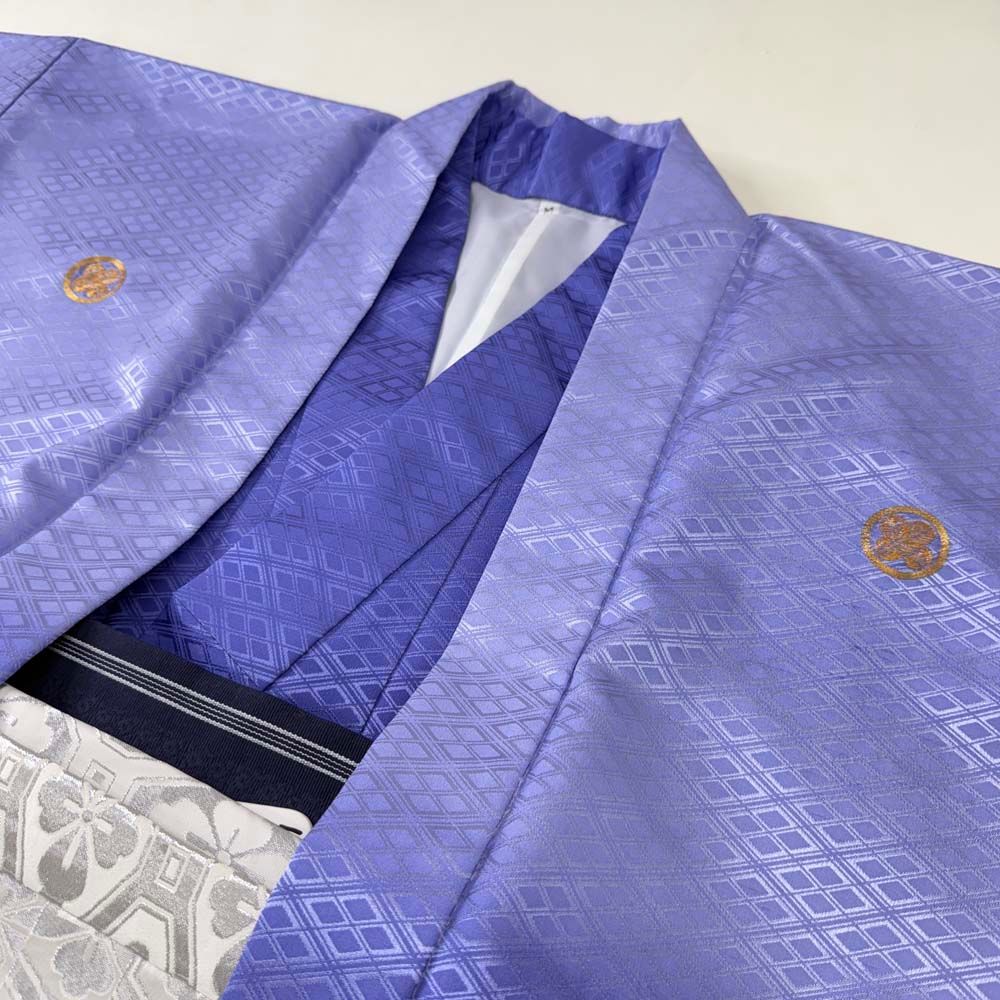 紋付袴 4点セット 着物 羽織 袴 角帯 長着 成人式袴 裄72 5 cm 袴丈90 L 2 白 青 五つ紋 4799