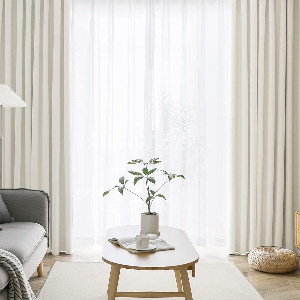 UVカット 昼夜目隠し 無地 おしゃれ 防音 防寒 洗える 保温 洗濯機対応 断熱 (カーテン2枚 遮光カーテン 99.9%以上遮光 レース2枚) 4枚セット 幅100cm×丈178cm カーテン ベージュ AIFY