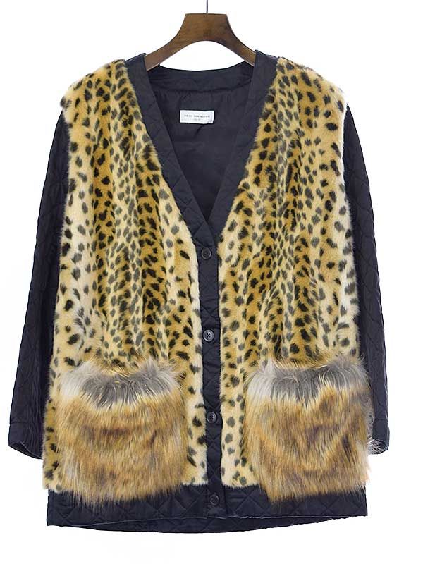 DRIES VAN NOTEN ドリスヴァンノッテン 16AW レオパードファーキルティングカーディガン ブラック イエロー 36 DRIES VAN NOTEN ドリスヴァンノッテン 16AW レオパードファー