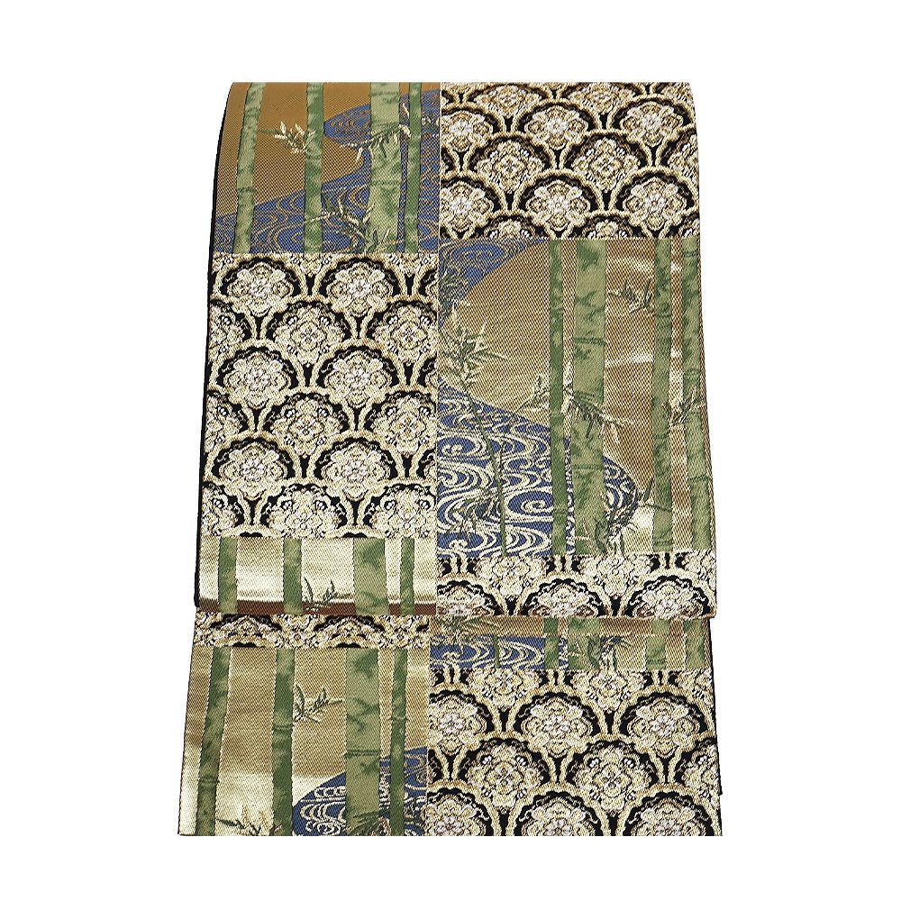 礼装用 袋帯 正絹 黒 金 緑 グリーン 竹笹 華文 市松模様 Mサイズ F8297 レディース シルク フォーマル 30代 40代 50代