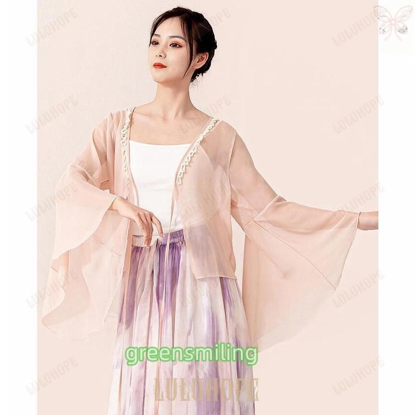 古典舞踊 ダンス衣装 二重シフォン 広がる 大きい裾 スカート スリット 紫プリント ロング丈 ダンス スカート Vネック フリル袖 ショート丈 LLC-HASEGAWATOSO_COM