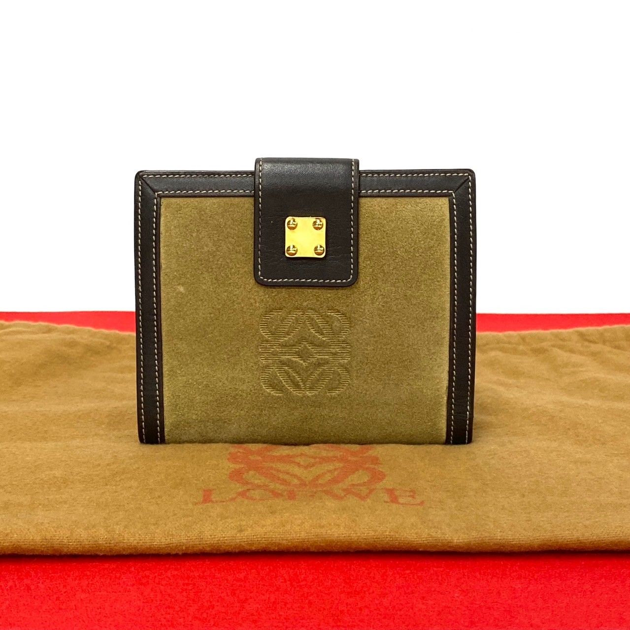 極 美品 LOEWE ロエベ アナグラム ロゴ スウェード レザー 本革 二  