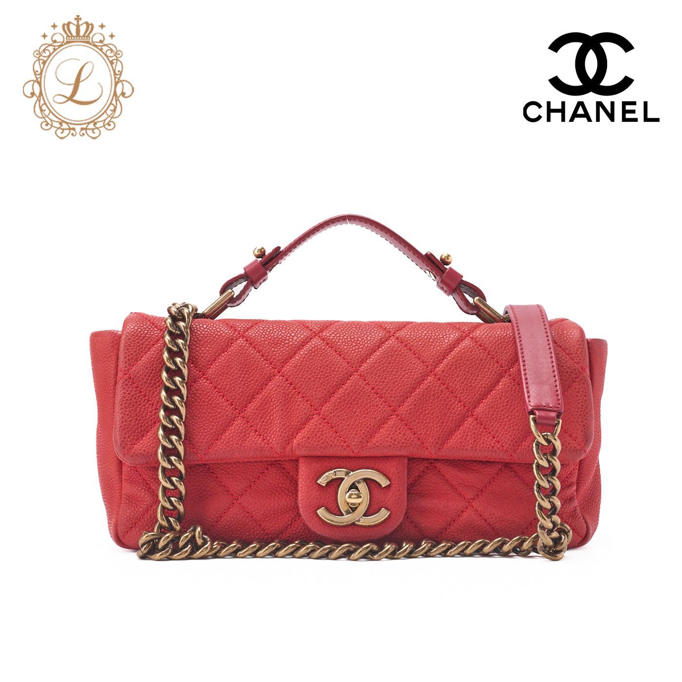 美品CHANELマトラッセ ターンロック キャビアスキン赤ゴールドウエストバック CHANEL シャネル チェーンショルダーバッグ マトラッセ ターン
