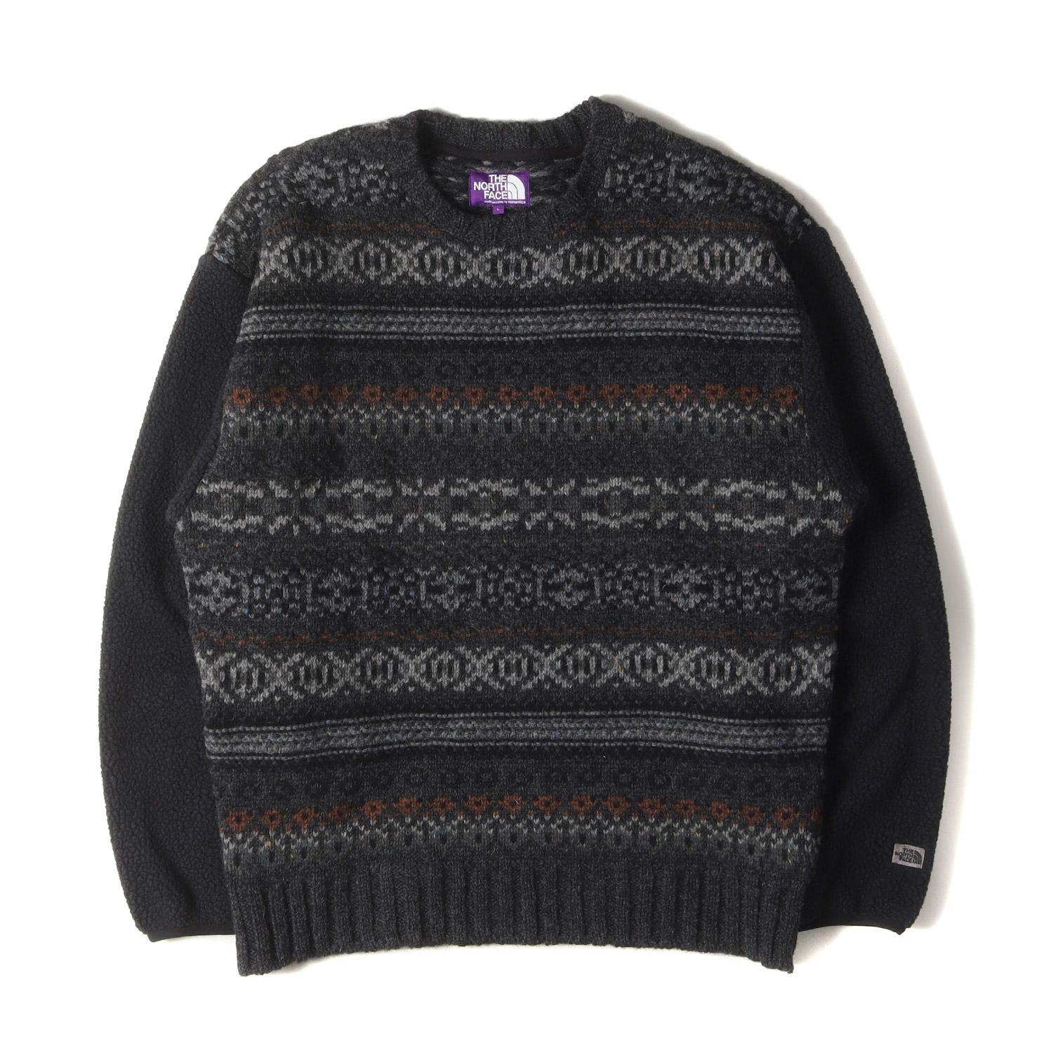 美品 THE NORTH FACE PURPLE LABEL ノースフェイス パープルレーベル ニット サイズ:L 22AW フェアアイル柄 袖フリース ニットセーター (Field Crew Neck Sweater) ブラック トップス【メンズ】