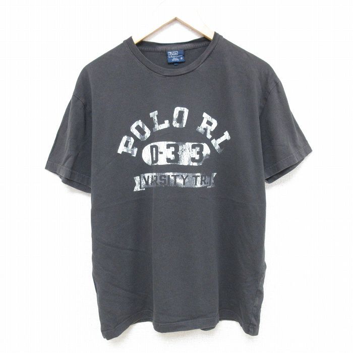 L/古着 ラルフローレン Ralph Lauren 半袖 ブランド Tシャツ メンズ 90s ビッグロゴ コットン クルーネック 濃グレー 24apr13 中古